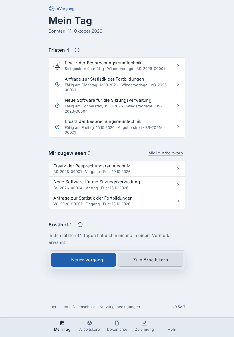Mein Tag auf dem iPad im Hochformat: Fristen, zugewiesene Vorgänge und die Leiste am unteren Rand