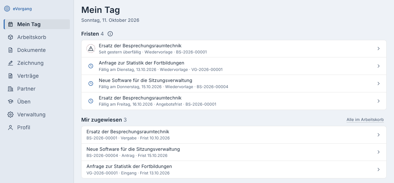 Mein Tag in eVorgang: Fristen und Zuweisungen aus allen Akten, mit erfundenen Beispieldaten